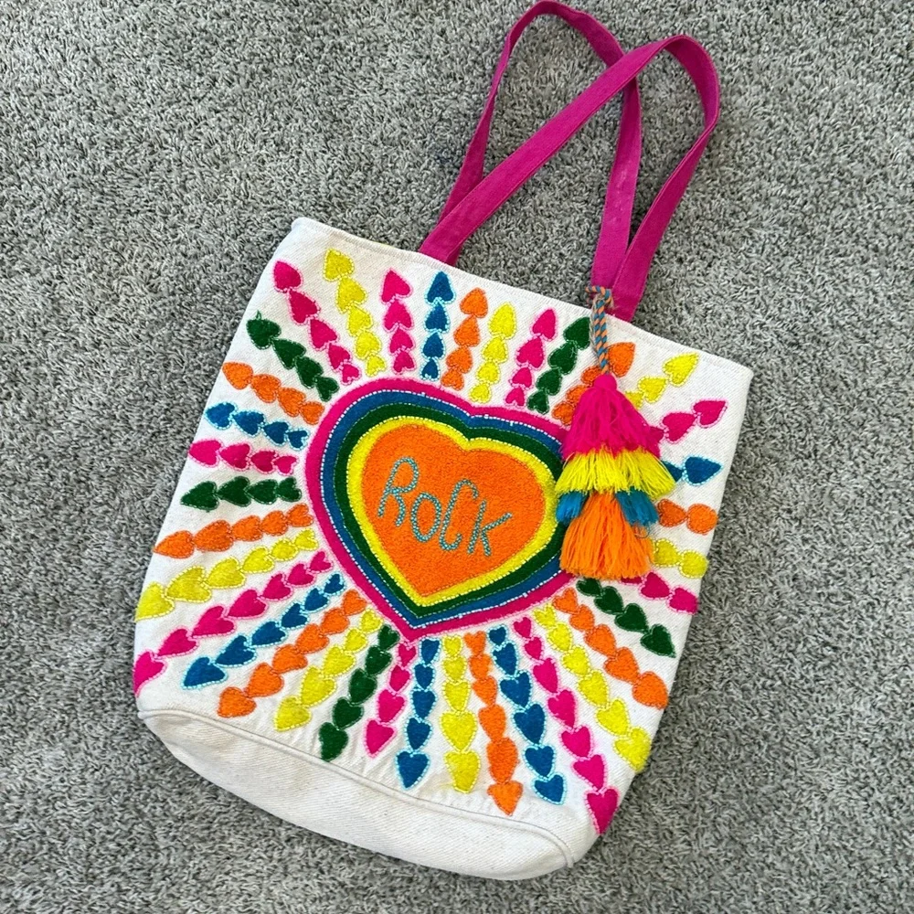 Katydid Heart ROCK Tote Bag Festival Maximalist Embroidered Shoulder Purse